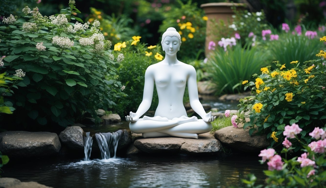 A serene figure meditates amidst a lush, tranquil garden, surrounded by blooming flowers and gentle flowing water.</p><p>The atmosphere exudes peace and tranquility, promoting mental and physical well-being