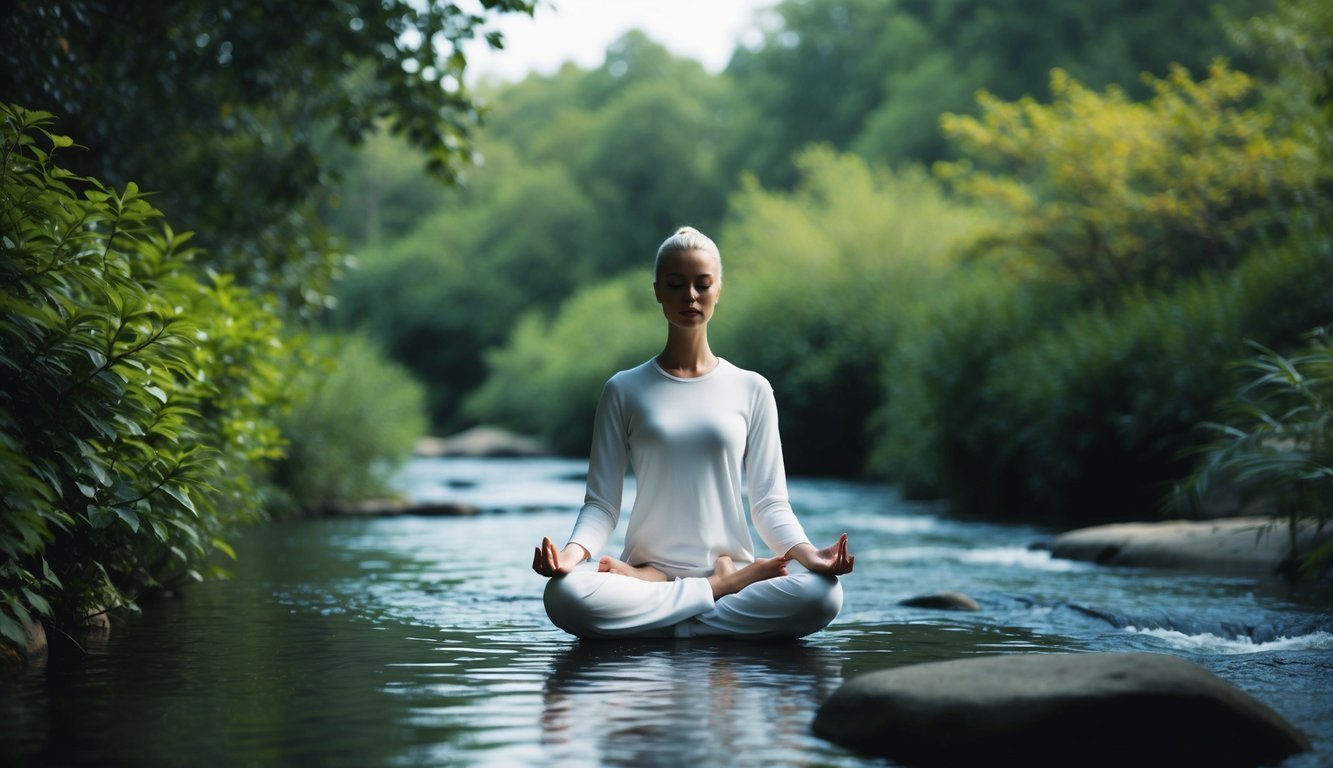 A serene figure meditates in a peaceful natural setting, surrounded by lush greenery and gentle flowing water.</p><p>The atmosphere is calm and tranquil, evoking a sense of inner peace and mindfulness