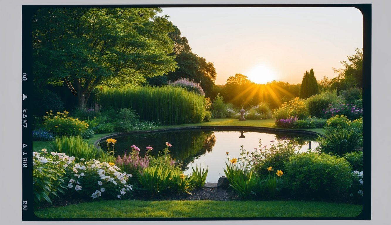 A serene, tranquil garden with a peaceful pond, surrounded by lush greenery and blooming flowers.</p><p>The sun is setting, casting a warm, calming glow over the scene