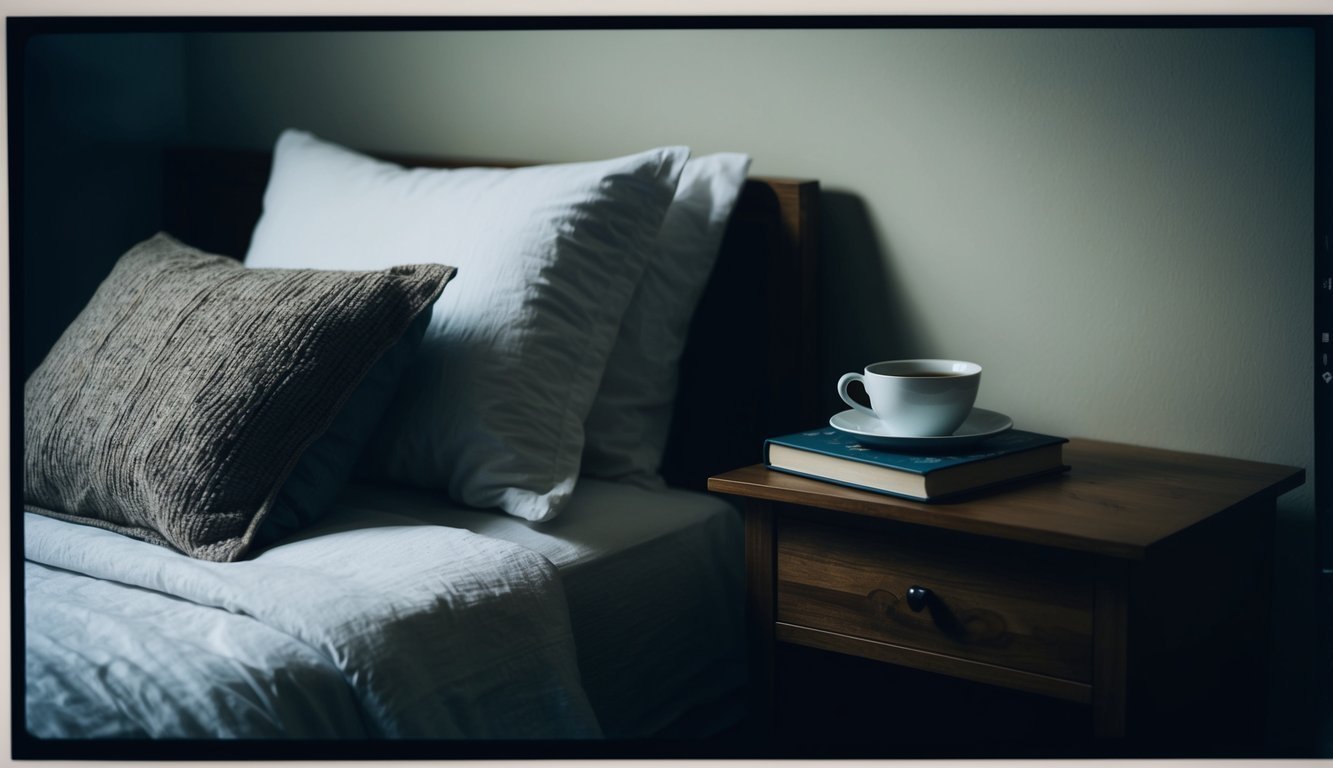 A cozy bedroom with soft lighting, a tidy bed, a book on the nightstand, and a warm cup of herbal tea