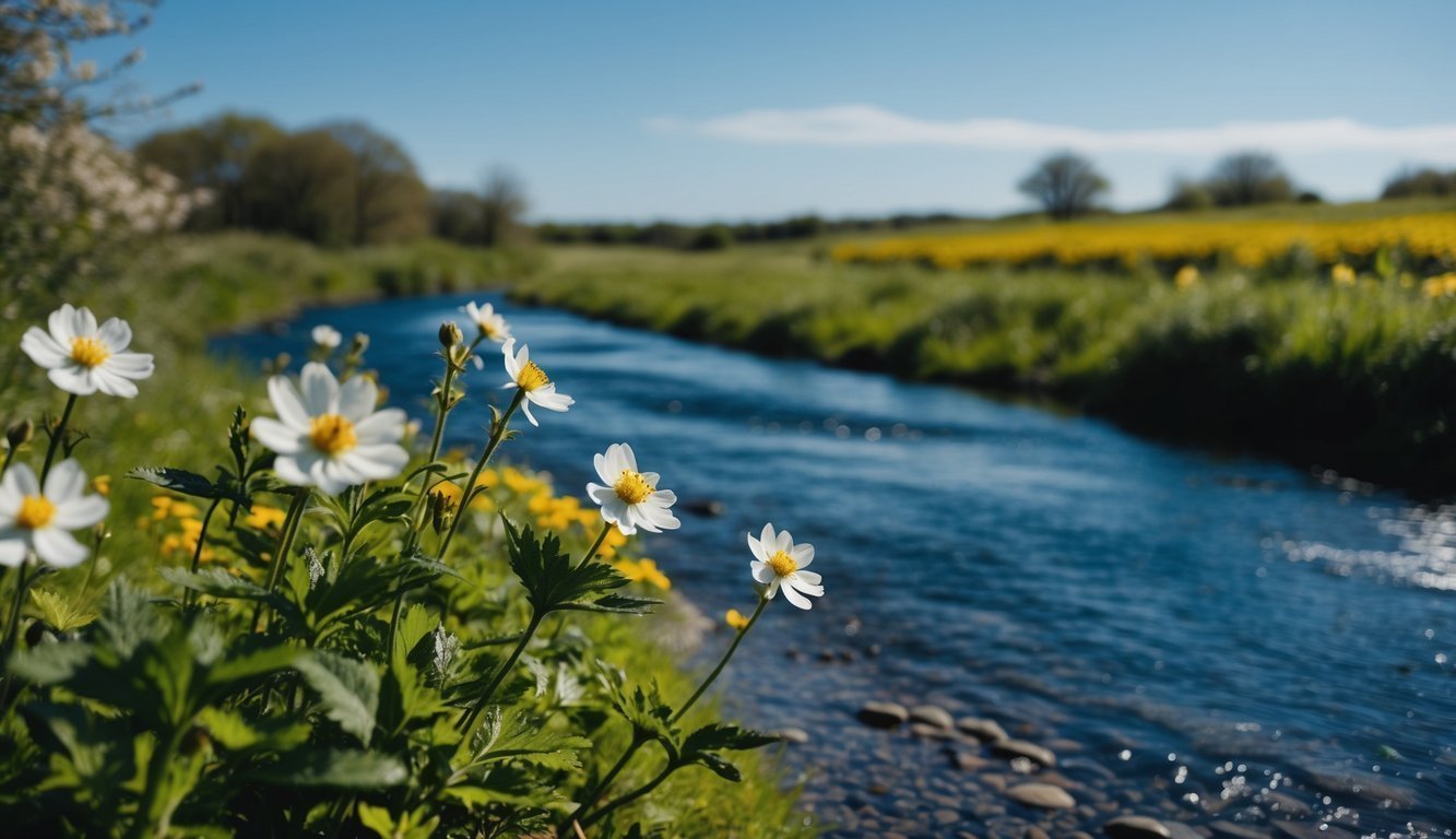 A peaceful nature landscape featuring a serene stream, blooming flowers, and a clear sky, evoking tranquility and calm