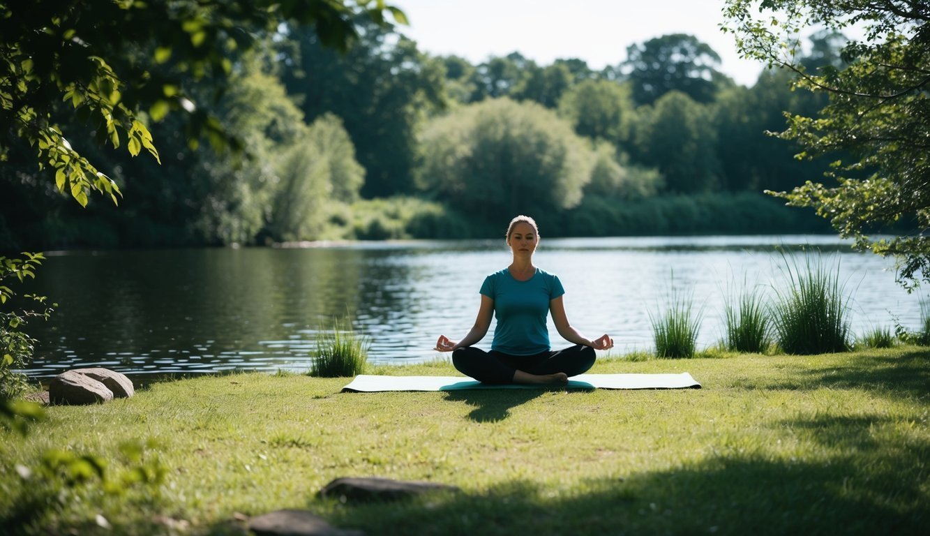 A tranquil nature scene depicting a person practicing mindfulness amidst calming elements like water, trees, and soft sunlight