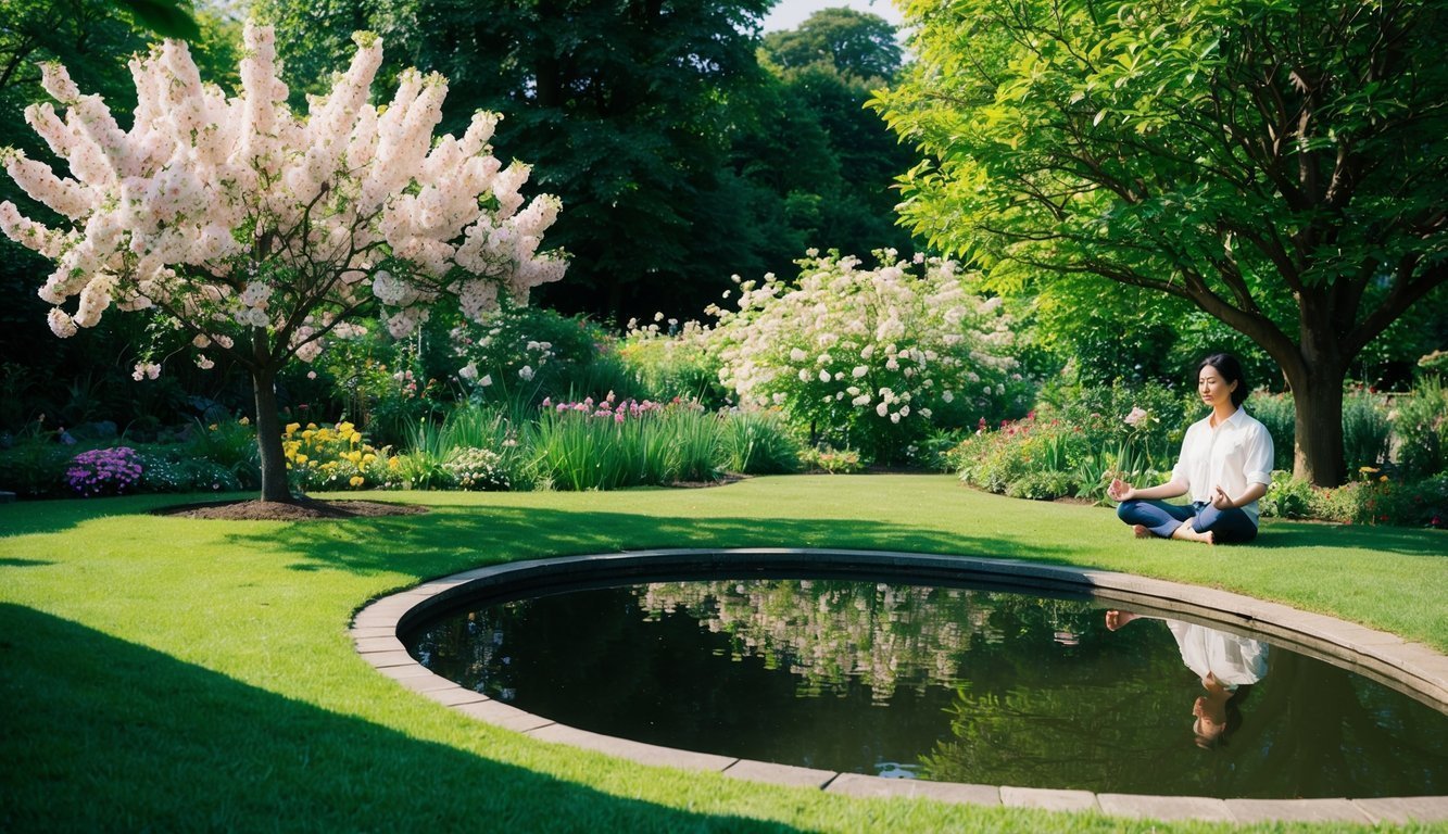 A tranquil garden filled with blooming flowers, a calm pond, and a person meditating beneath a tree