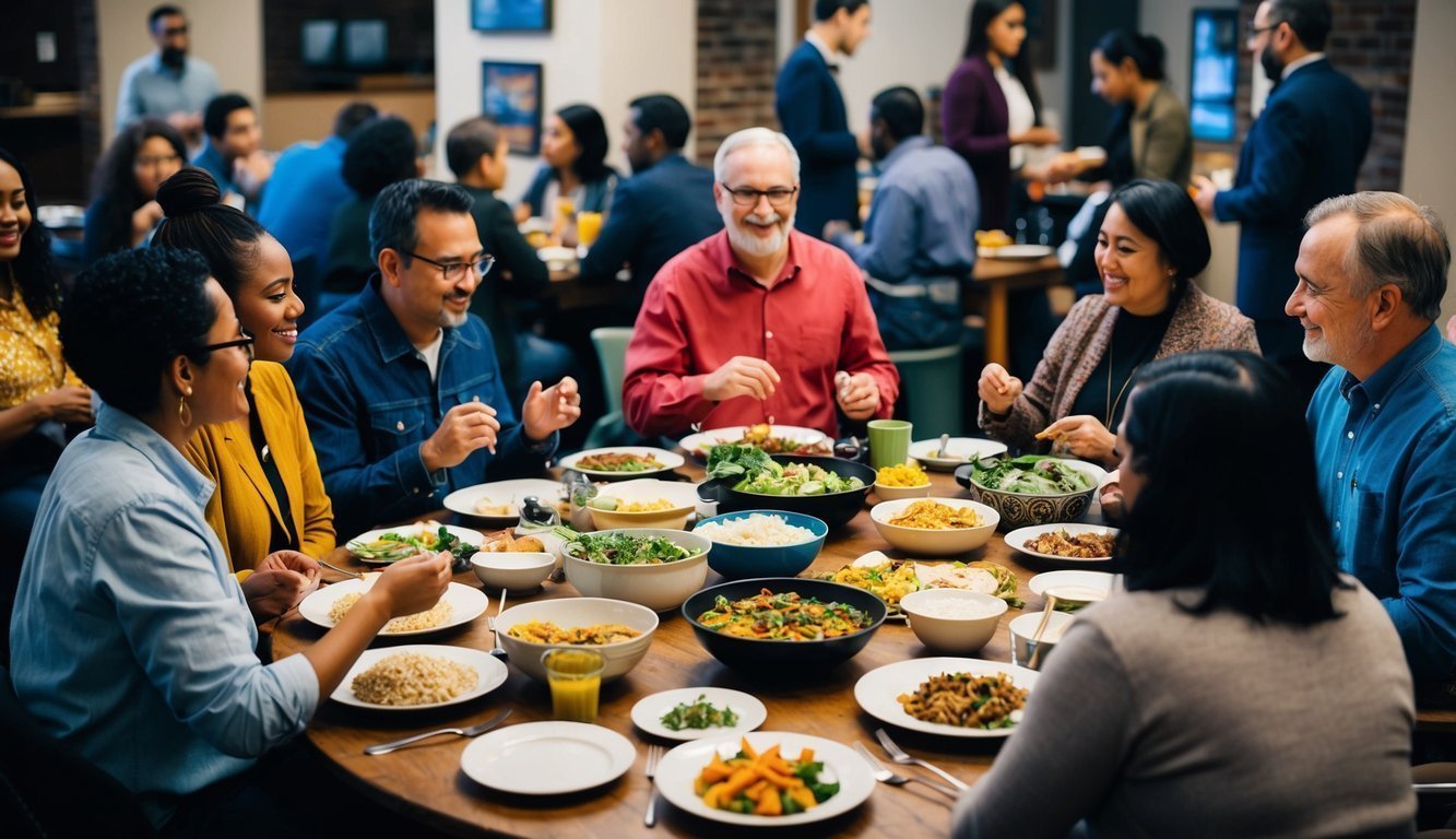 A diverse group of people gathered around a communal table, engaging in conversation and sharing food from various cultural backgrounds