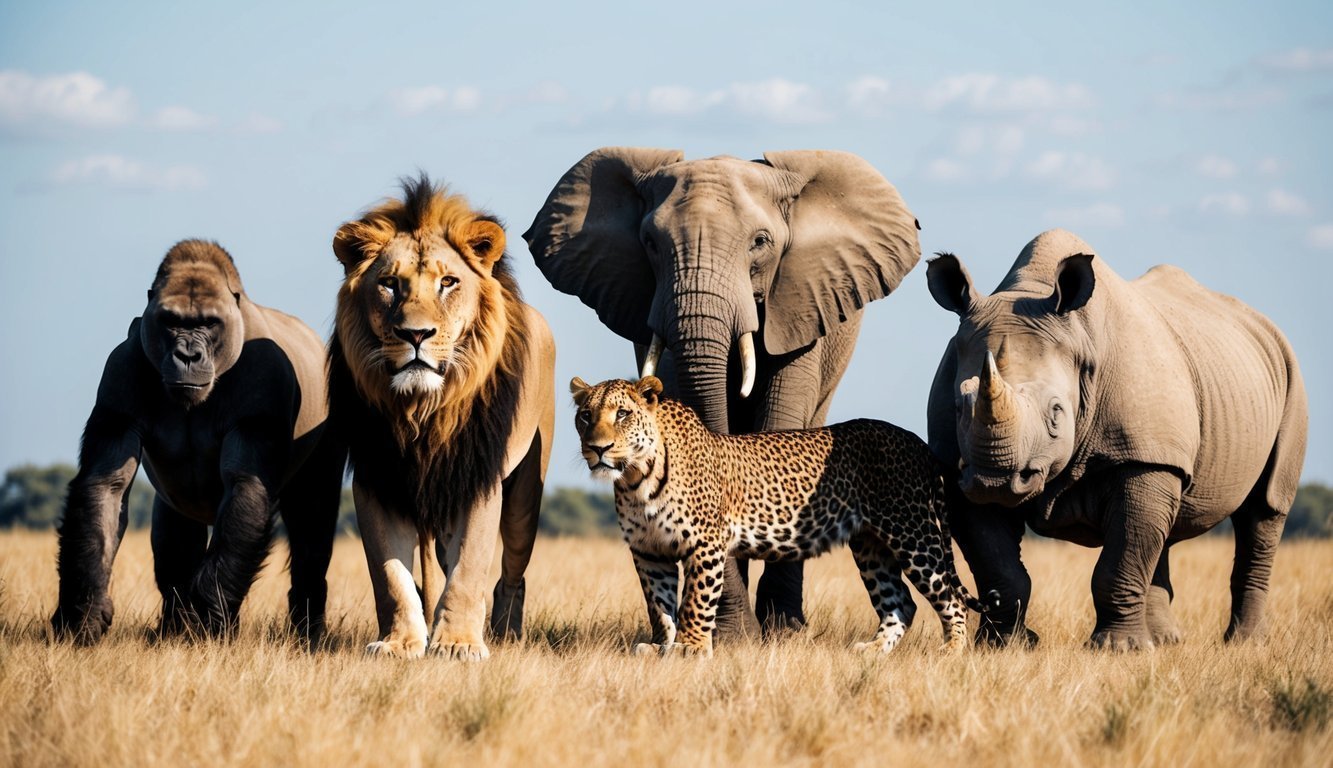 A lion, elephant, gorilla, leopard, and rhinoceros standing together in a savanna landscape