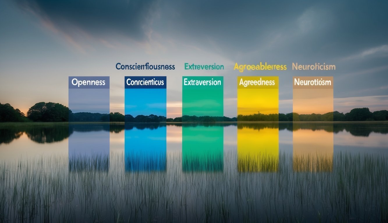 A serene landscape with five distinct elements representing the Big Five personality traits - openness, conscientiousness, extraversion, agreeableness, and neuroticism