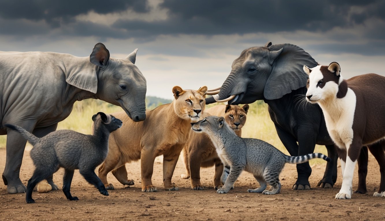 A diverse group of animals of varying ages interact, each displaying one of the Big Five personality traits through their behavior