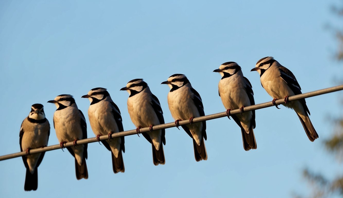 A group of birds perched on a wire, all facing the same direction with one bird facing the opposite way