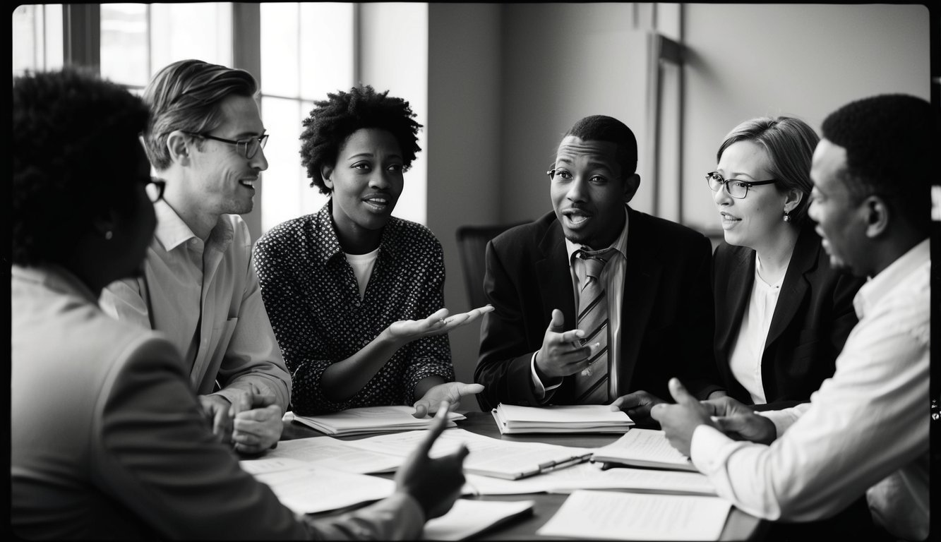 A group of individuals engaged in a lively discussion, expressing different opinions and gestures, while others listen attentively