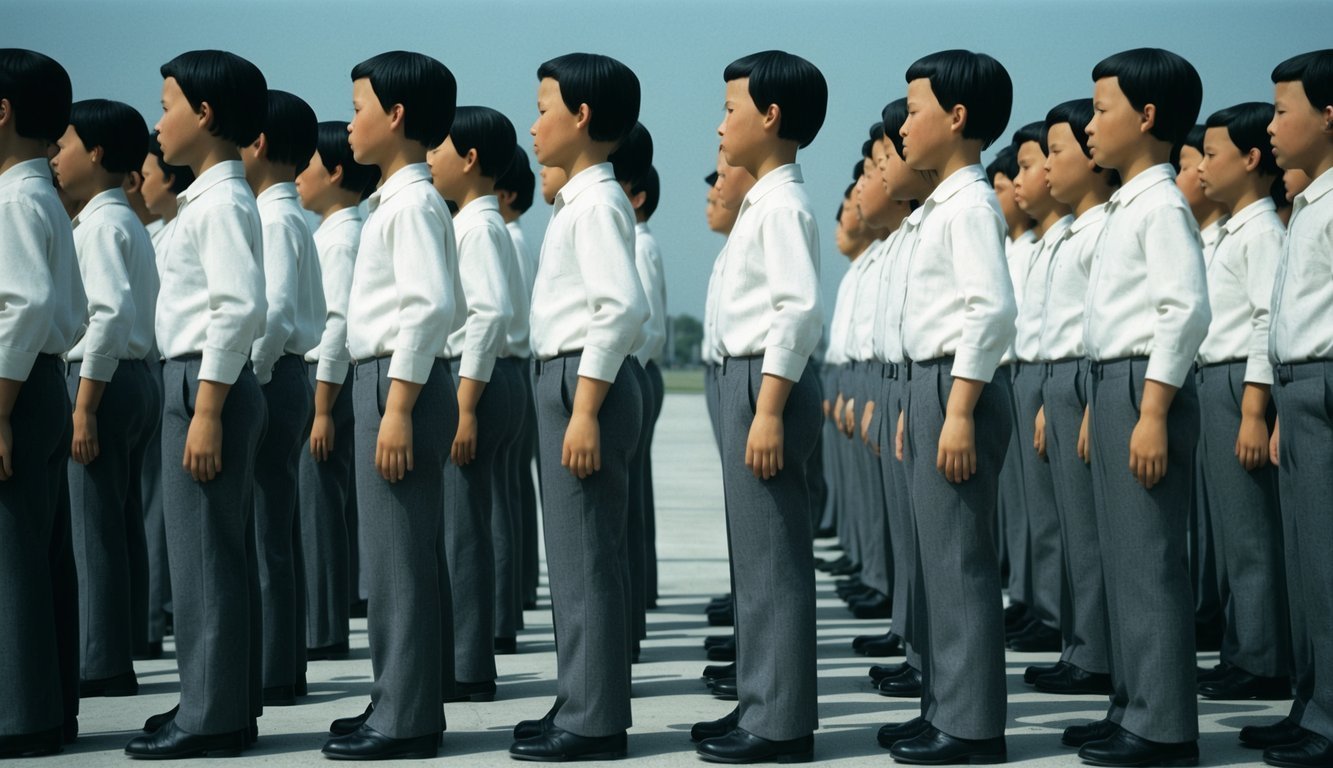 A row of identical figures standing in a line, all facing the same direction with their arms by their sides