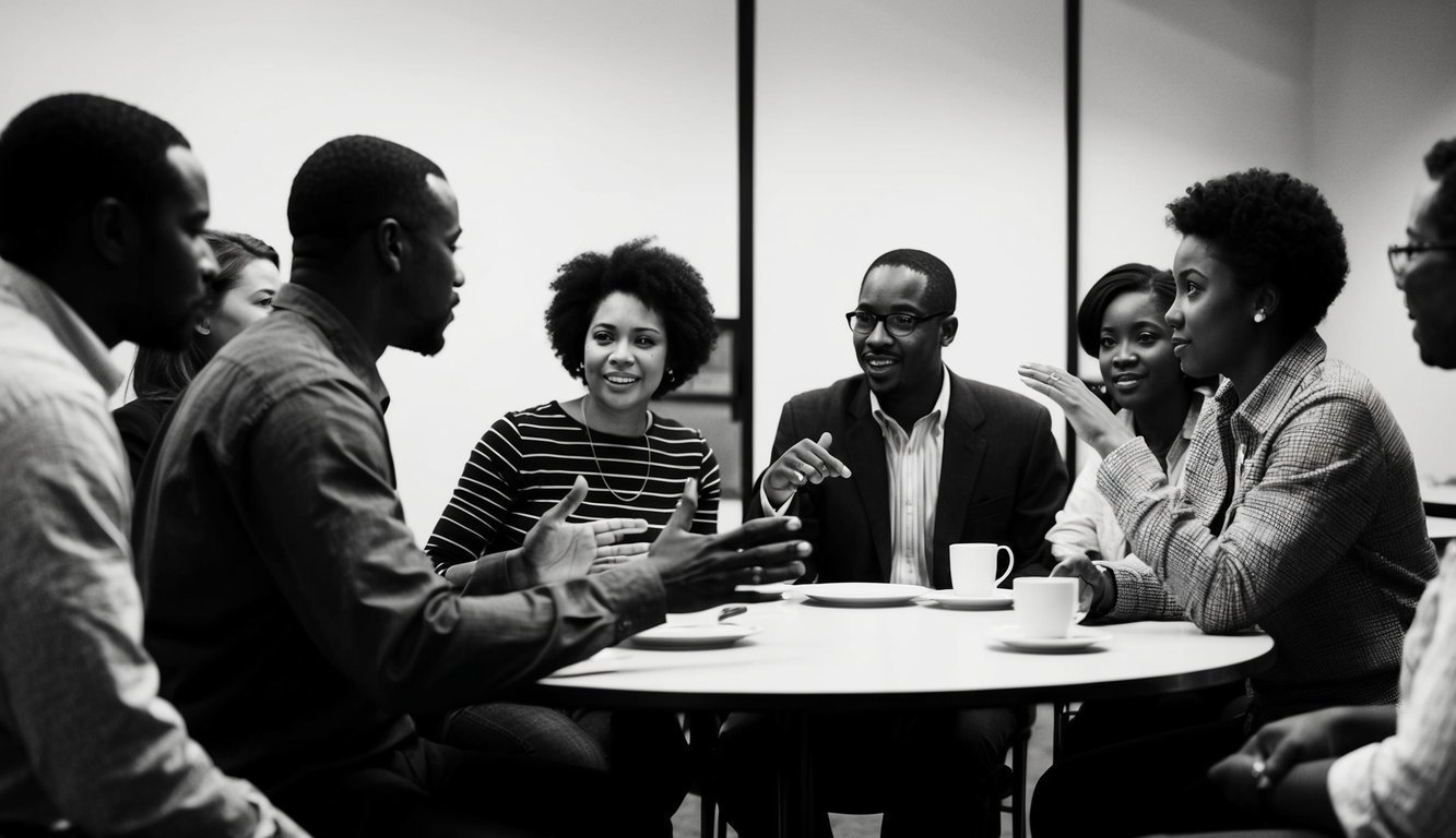 A group of people gathered around a table, engaging in conversation and exchanging gestures.</p><p>A few individuals appear to be influencing the group's behavior