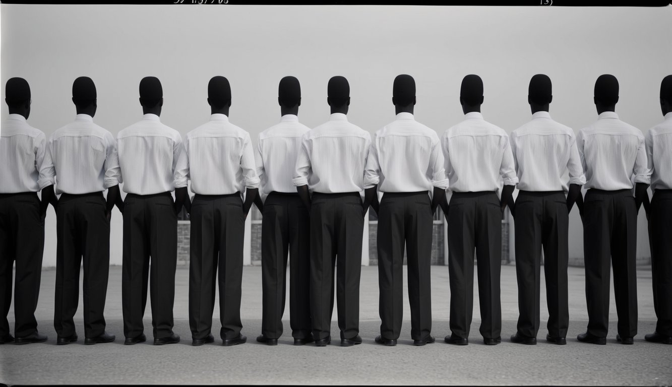 A group of identical figures standing in a row, all facing the same direction with their arms at their sides