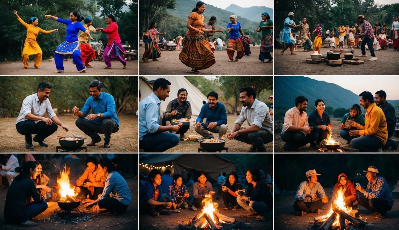 A diverse group of people engaging in various cultural and societal activities, such as dancing, cooking, and sharing stories around a campfire