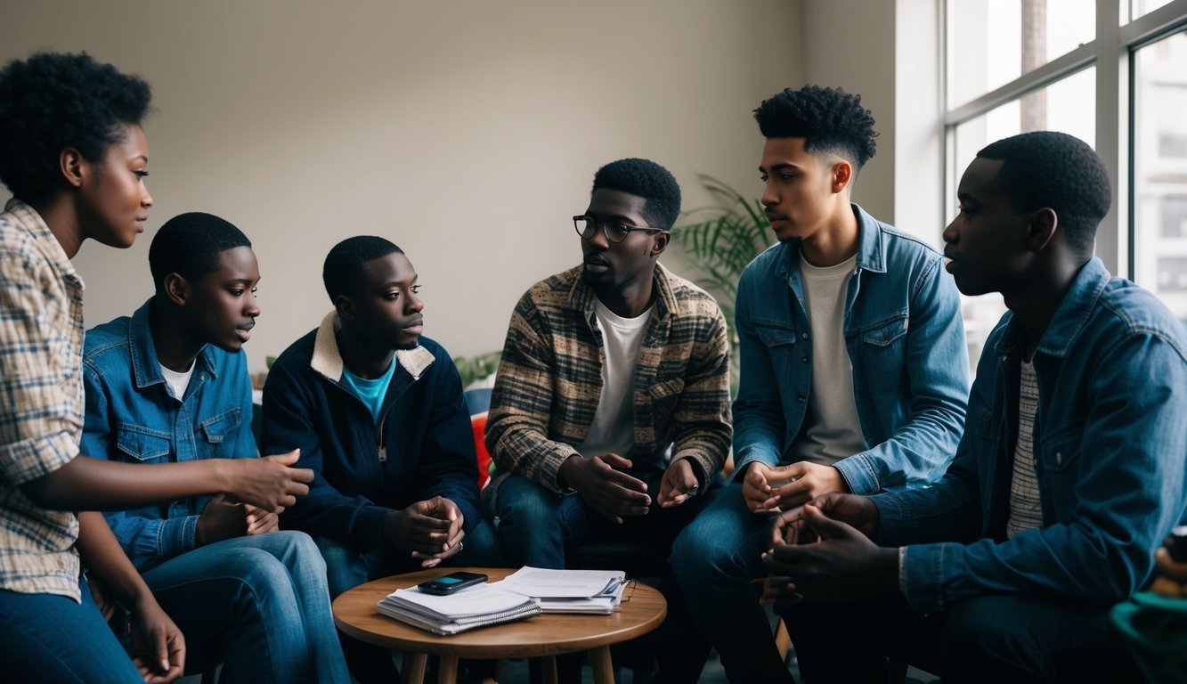 A group of diverse individuals interacting in a social setting, demonstrating various behaviors influenced by their environment and upbringing