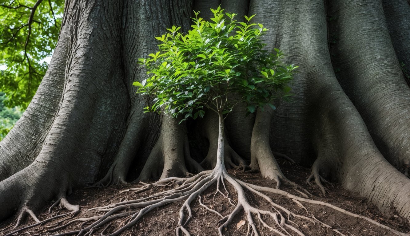 A young tree growing in the shade of a larger, older tree, with roots intertwined in the soil