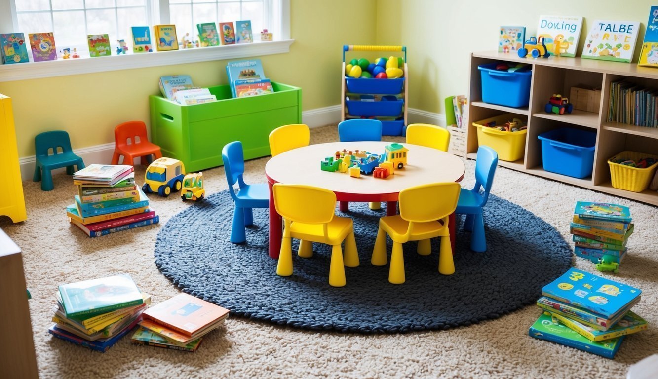 Brightly colored toys and books organized on a cozy rug in an inviting playroom, featuring a child-sized table and chairs for hands-on learning activities