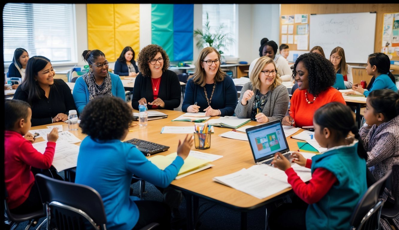 A group of early childhood educators participating in professional development activities, including workshops, discussions, and interactive learning experiences