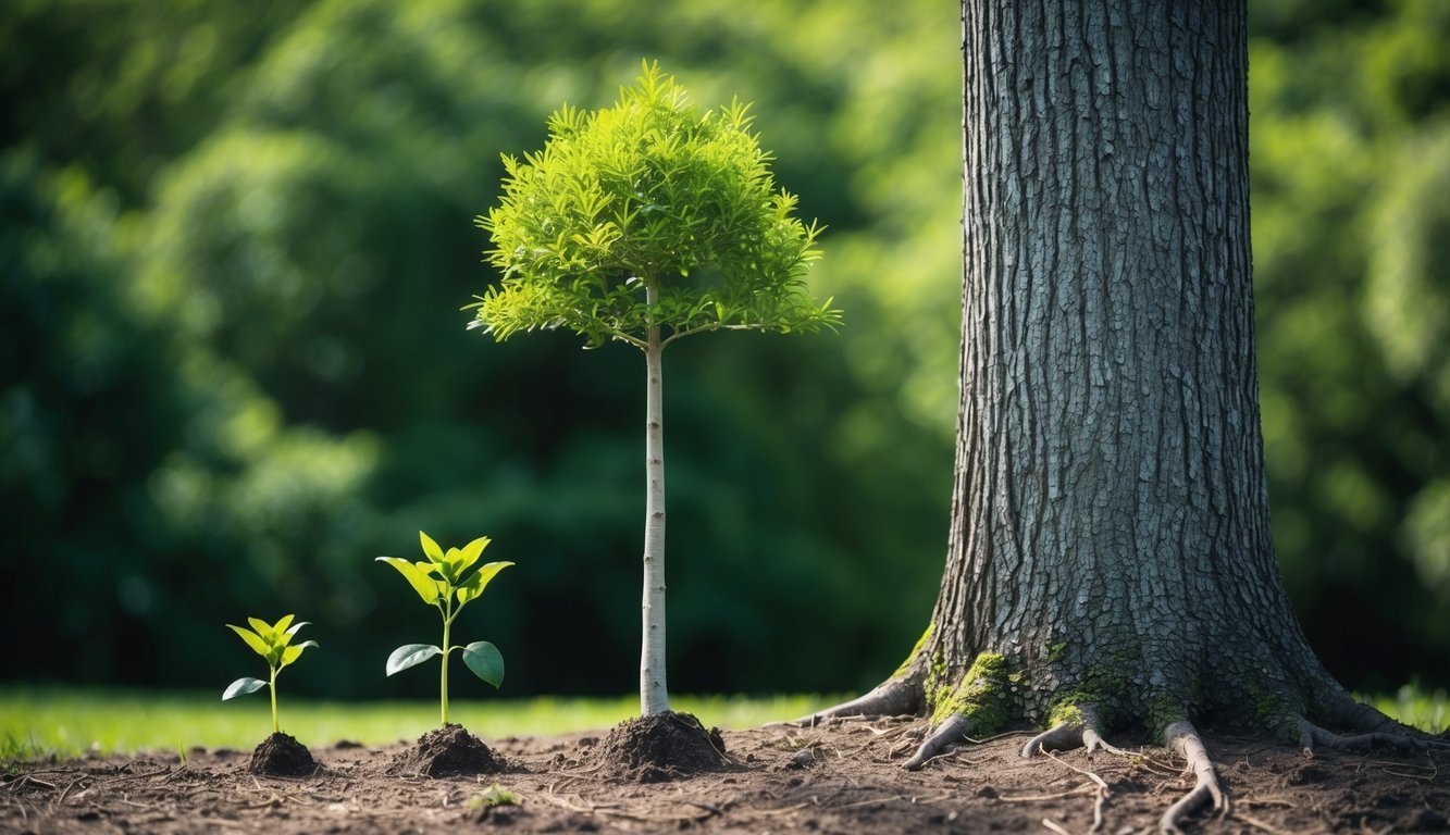 A tree growing from a small seedling into a sturdy trunk, symbolizing the stages and milestones of identity development