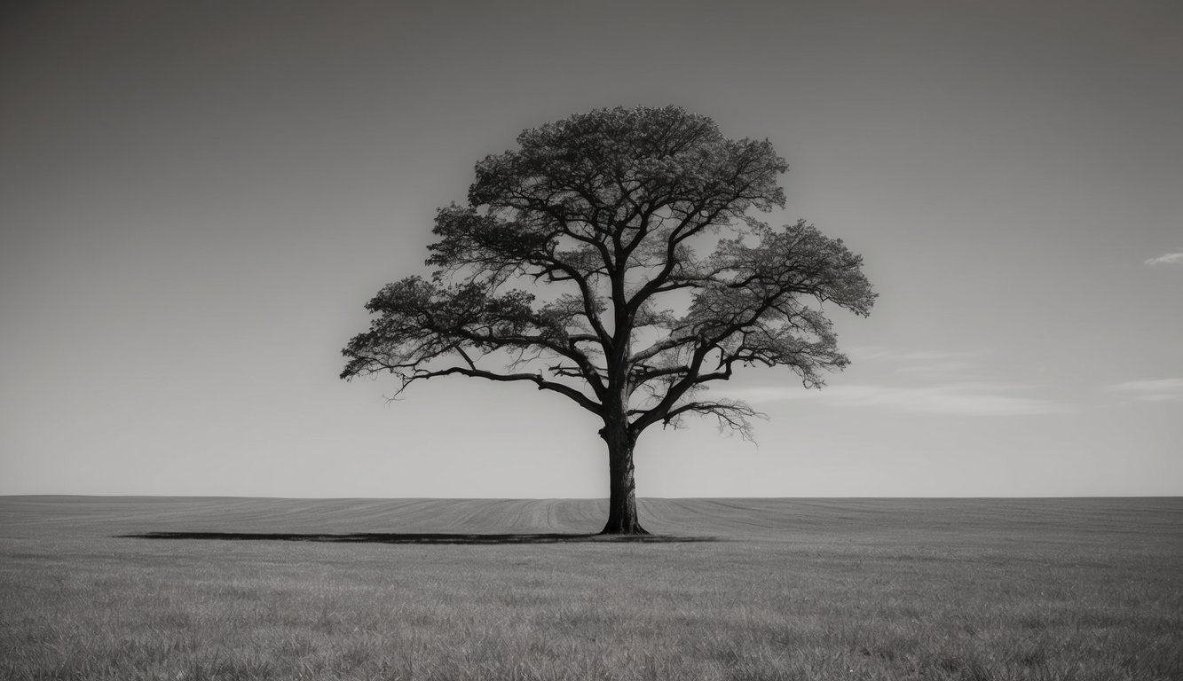 A solitary tree standing strong in a vast field, its branches extending outward, illustrating the effects of relationships and experiences on identity formation