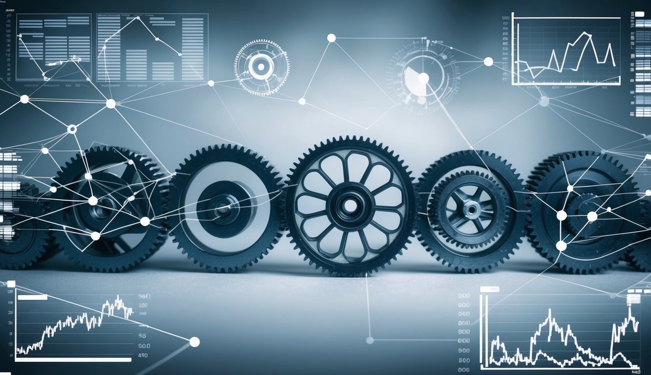 A network of interconnected gears in motion, surrounded by a web of related data points and graphs