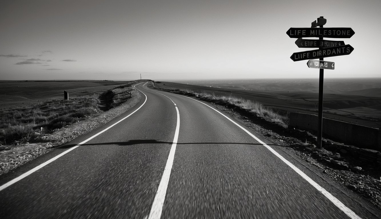 A winding road leading to a distant horizon, with a series of signposts marking different life milestones along the way