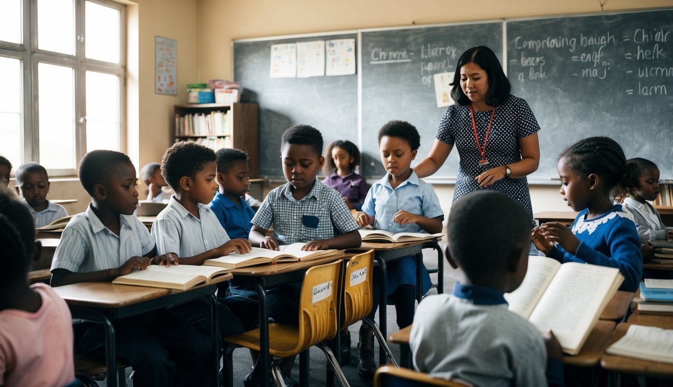 A group of children engaged in various activities, some reading, others playing, while a teacher guides them in a classroom setting