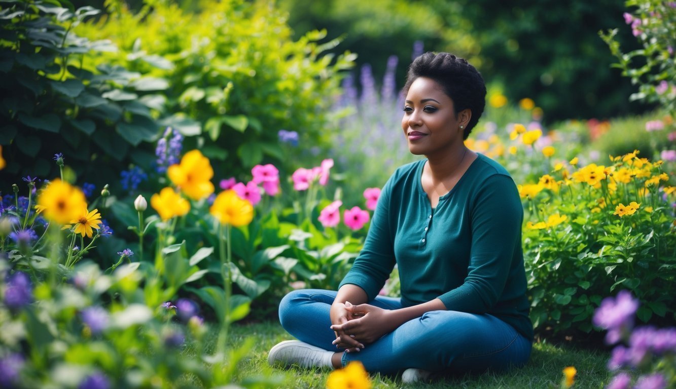 A person sitting in a peaceful garden, surrounded by vibrant flowers and greenery, with a serene expression on their face, illustrating the positive impact of health on emotional development in adulthood