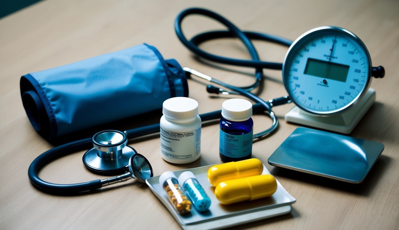 A group of medical equipment and tools arranged on a table, including a blood pressure cuff, stethoscope, pill bottles, and a scale