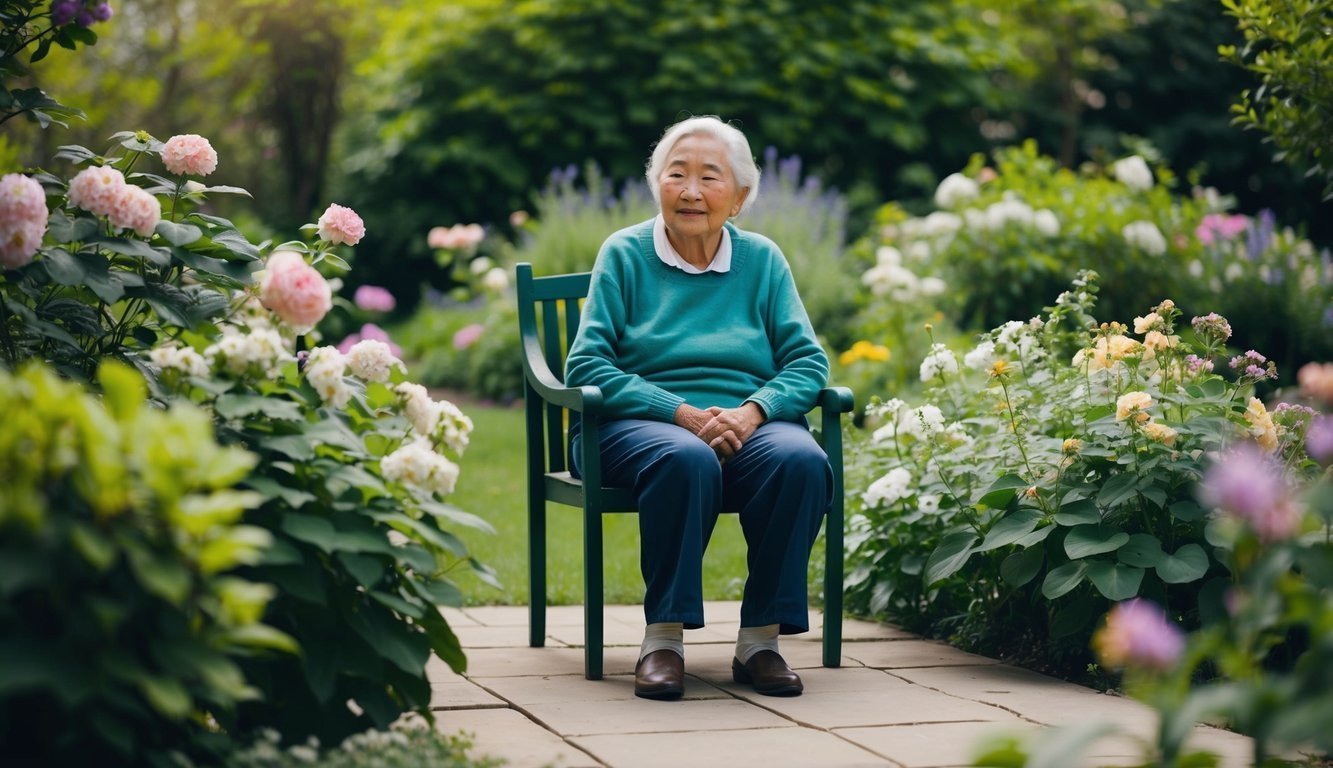 A serene, elderly person sitting in a peaceful garden, surrounded by blooming flowers and lush greenery, with a sense of calm and contentment