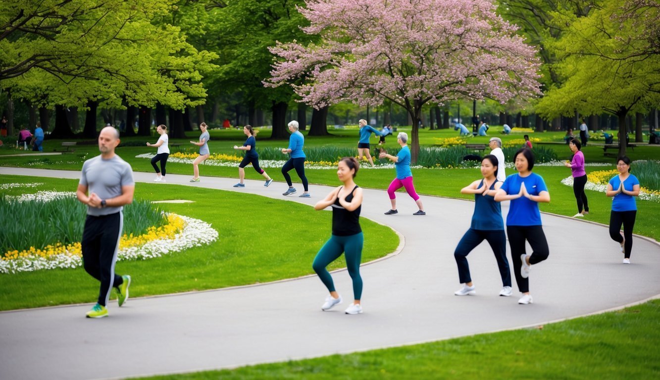 A serene park with a winding path, surrounded by vibrant greenery and blooming flowers.</p><p>A group of people engage in various physical activities such as walking, yoga, and tai chi