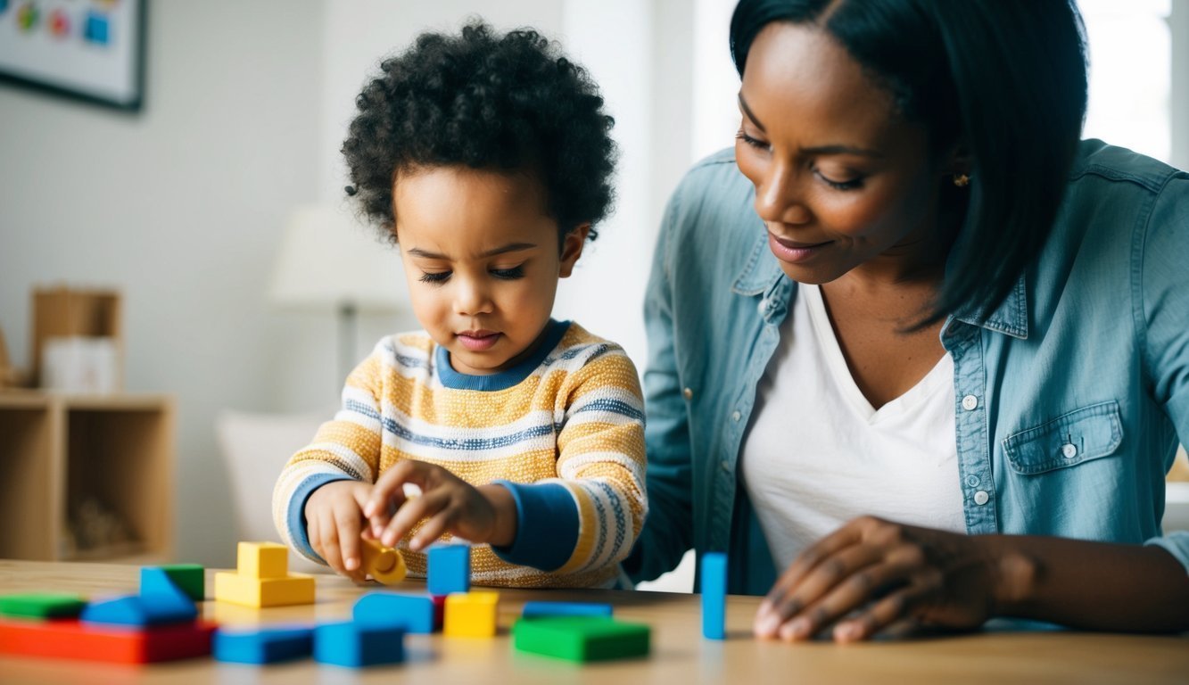 A parent gently guiding a child in learning and exploration