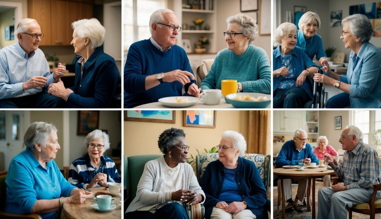 A group of diverse individuals engaging in conversation and activities, showing the psychological aspects and social dynamics of aging