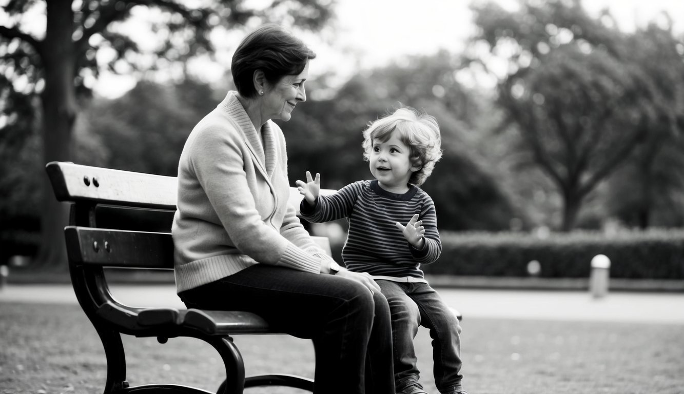 A parent and child sitting on a park bench, engaged in conversation.</p><p>The parent is listening attentively, while the child gestures animatedly.</p><p>The scene conveys a sense of warmth and understanding