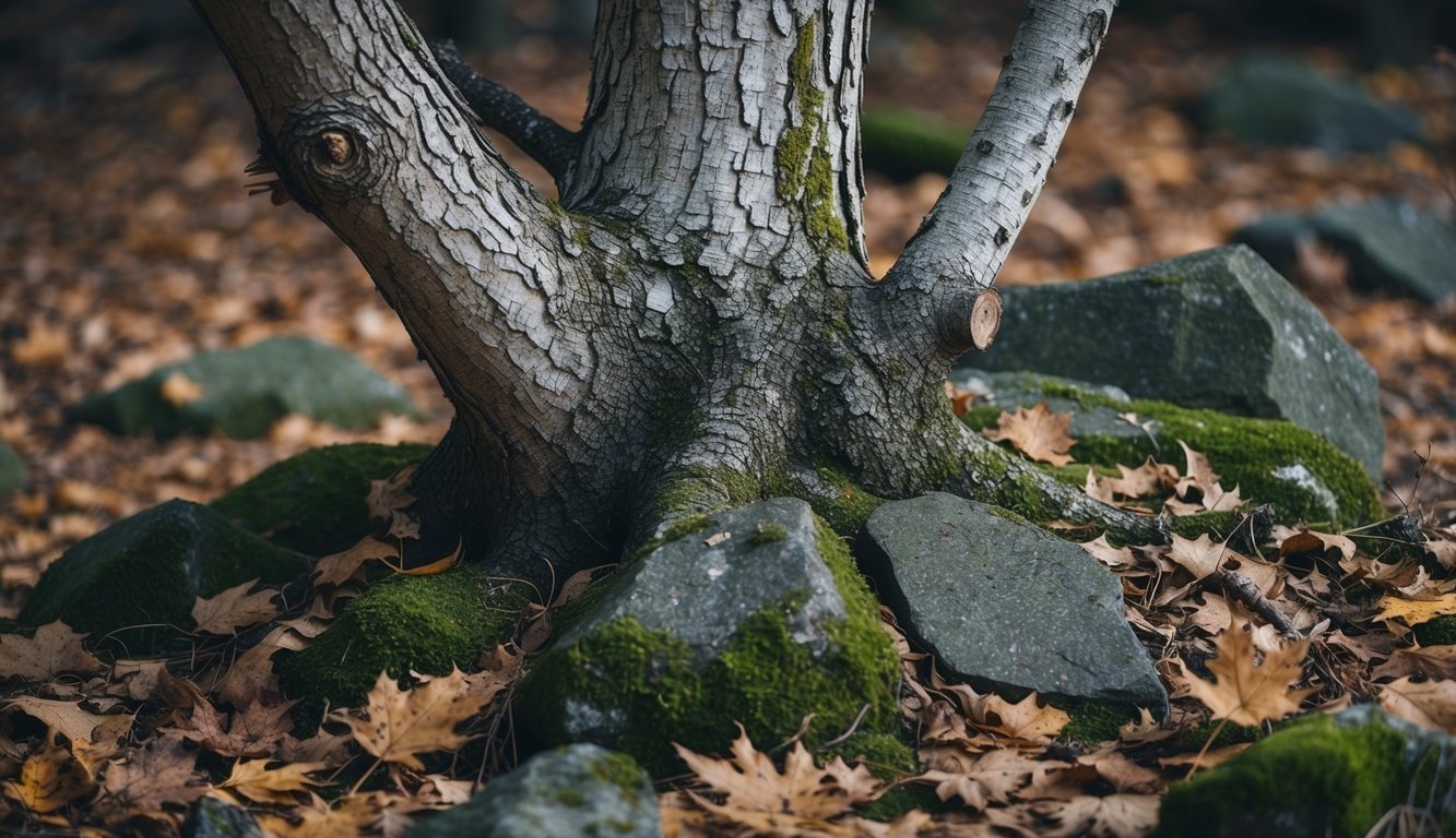 A weathered tree with gnarled branches and peeling bark, surrounded by fallen leaves and moss-covered rocks