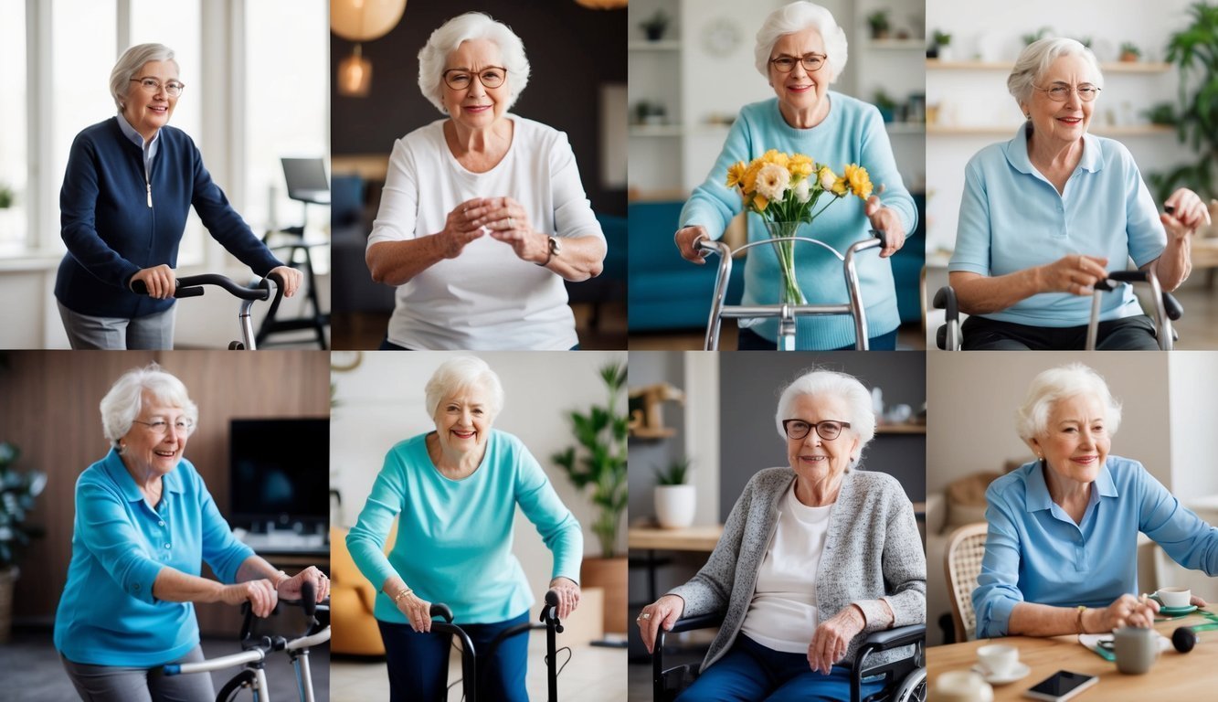 An elderly person engaging in various activities, such as exercising, socializing, and pursuing hobbies, to illustrate the psychological aspects of aging