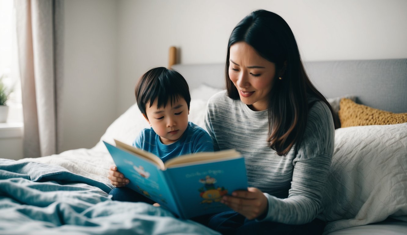 A parent calmly reading a bedtime story to a child in a cozy, well-lit bedroom