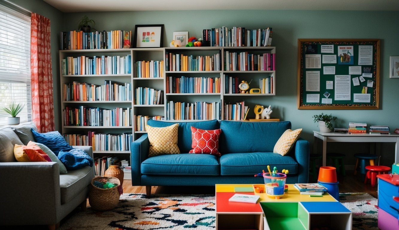 A cozy living room with shelves of parenting books, a colorful play area, and a bulletin board filled with educational resources