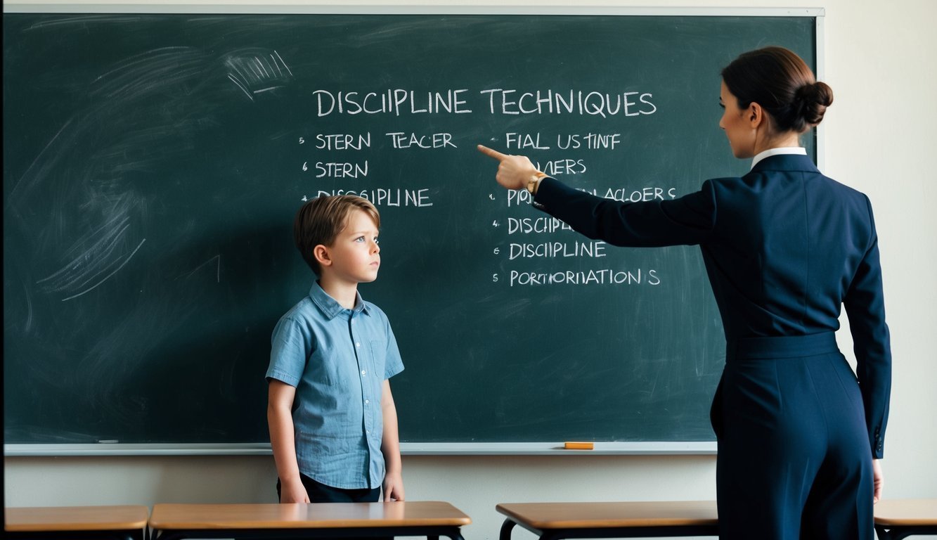 A child standing in front of a chalkboard, with a stern teacher pointing to a list of discipline techniques