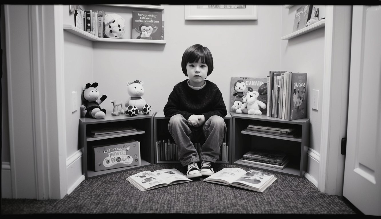 A child sitting calmly in a time-out corner, surrounded by toys and books to encourage self-reflection and redirection of behavior