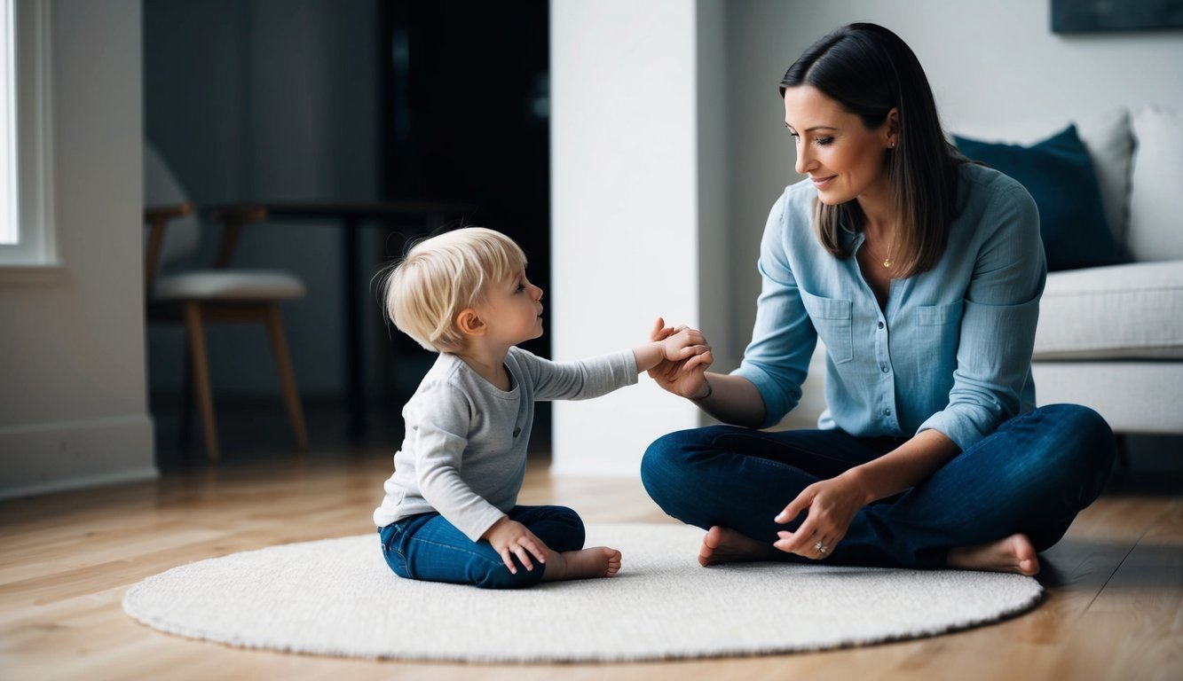 A parent calmly redirects a child's behavior, using positive reinforcement and setting clear boundaries