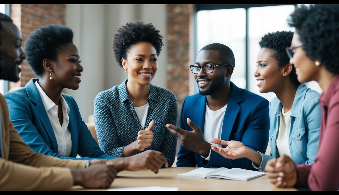 A group of diverse individuals engage in conversation, gesturing and making eye contact, demonstrating effective communication skills