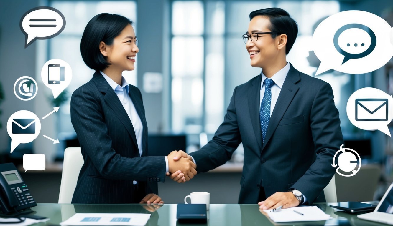 Two individuals exchanging smiles and handshakes in a professional context, surrounded by communication symbols like phones, emails, and speech bubbles