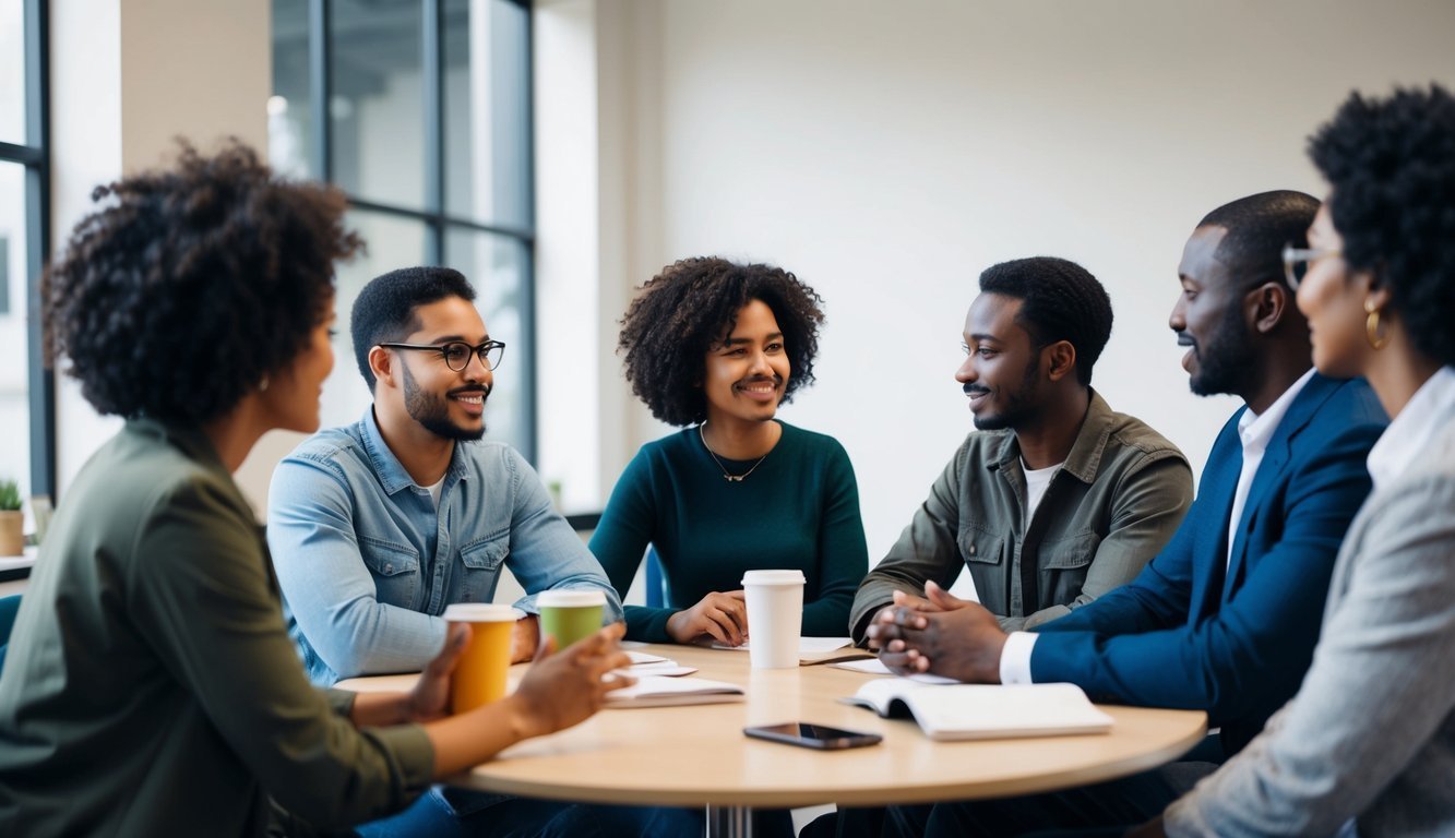 A group of diverse individuals actively engaged in conversation, demonstrating strong interpersonal communication skills