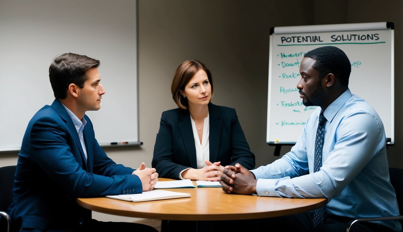 Two individuals sitting across from each other, calmly discussing a problem with a mediator facilitating the conversation.</p><p>A whiteboard with potential solutions in the background