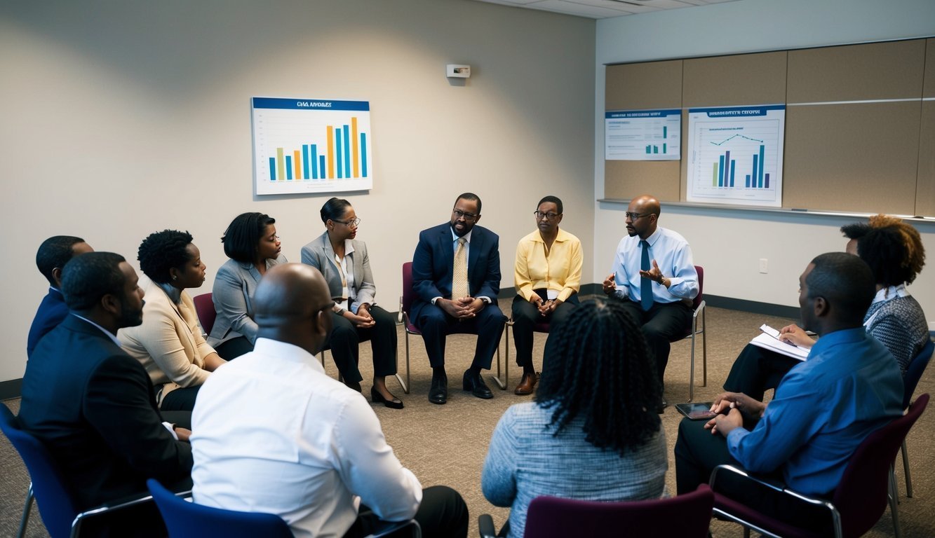 A group of people sitting in a circle, engaging in a discussion with a mediator facilitating the conversation.</p><p>Charts and graphs displayed on a nearby wall