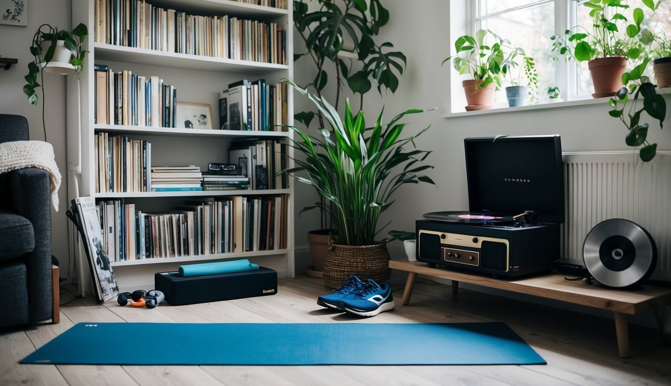 A cozy living room with bookshelves, plants, and a record player.</p><p>A yoga mat and running shoes suggest an active lifestyle