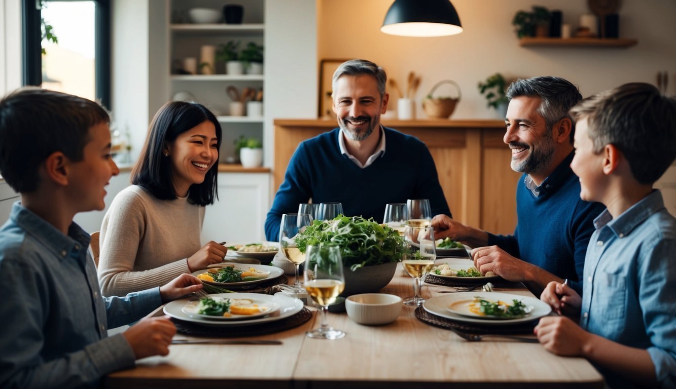 A family sitting around a dinner table, engaged in conversation and laughter, with a warm and inviting atmosphere