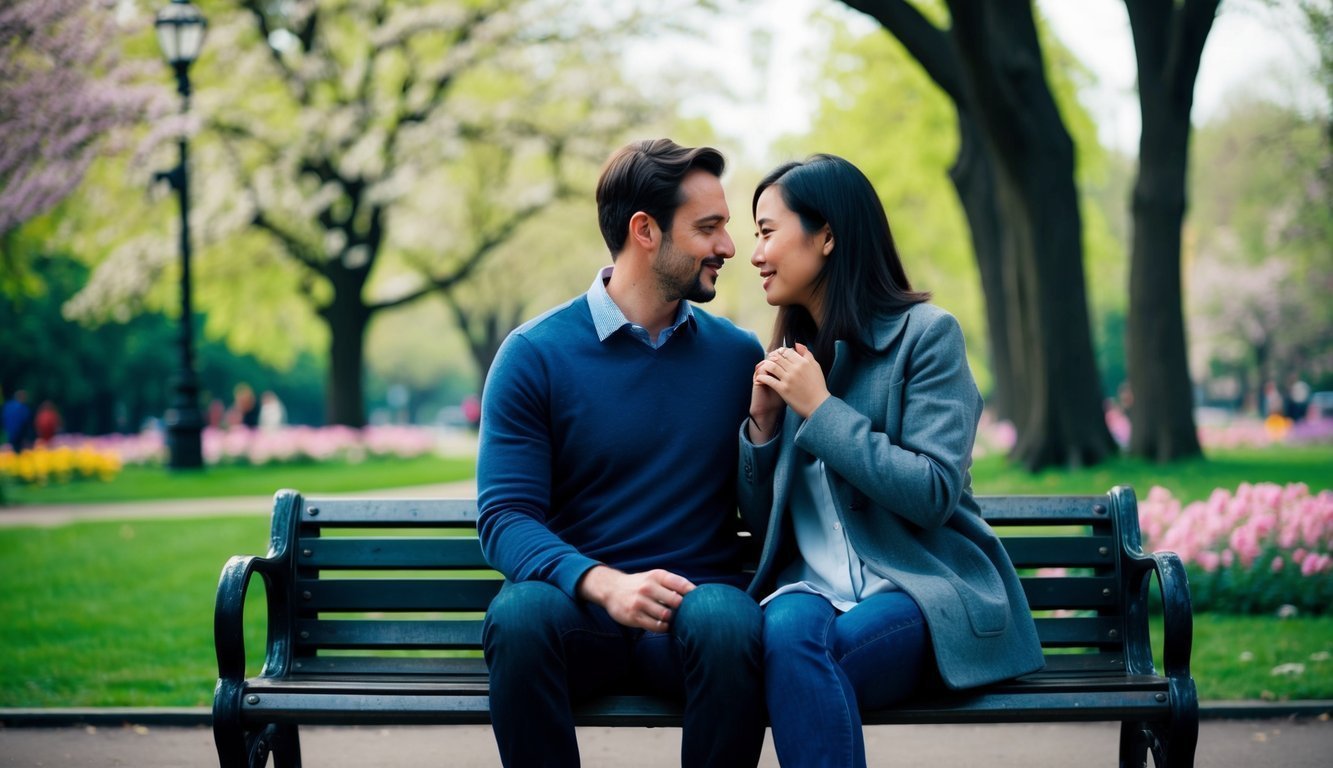 A couple sitting on a bench in a park, surrounded by blooming flowers and trees.</p><p>They are engaged in deep conversation, leaning towards each other with a sense of intimacy and connection