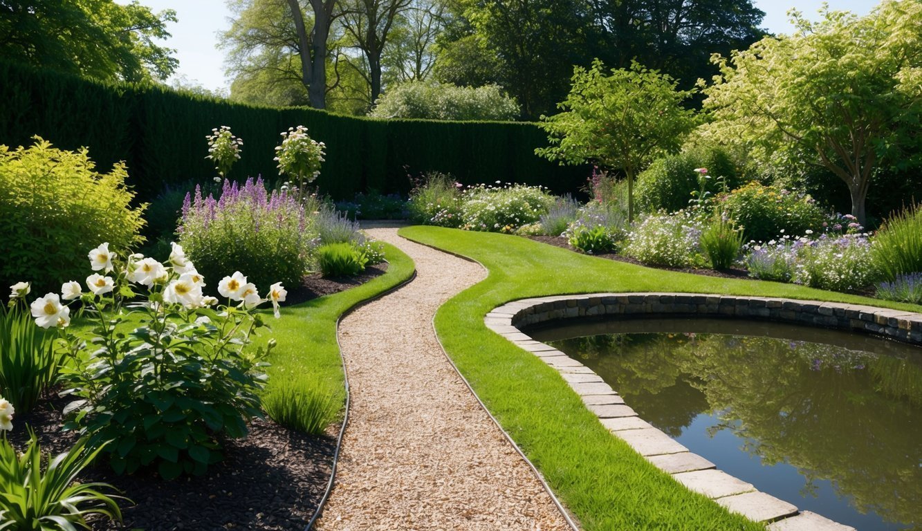 A tranquil, sunlit garden with blooming flowers and a winding path leading to a serene pond