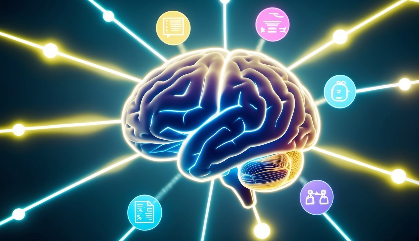 A brain surrounded by radiant pathways and colorful symbols illustrating memory enhancement strategies